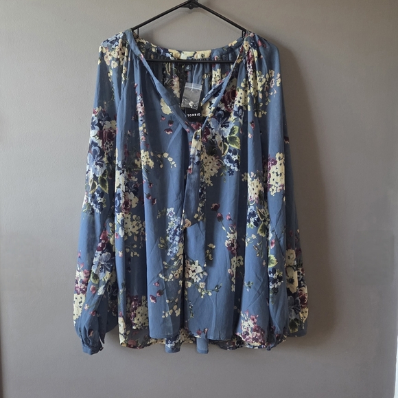 TORRID Crinkle Chiffon Raglan Tie Front Blouse Womens Plus Size 2X Blue Floral - Picture 2 of 11